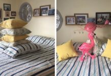 Husband Doesn't Know What To Do With The Extra Pillows When Making The Bed, Hilariously Improvises