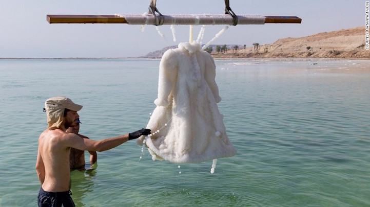 Two months submerged in the Dead Sea turned this black dress into a crystallized masterpiece